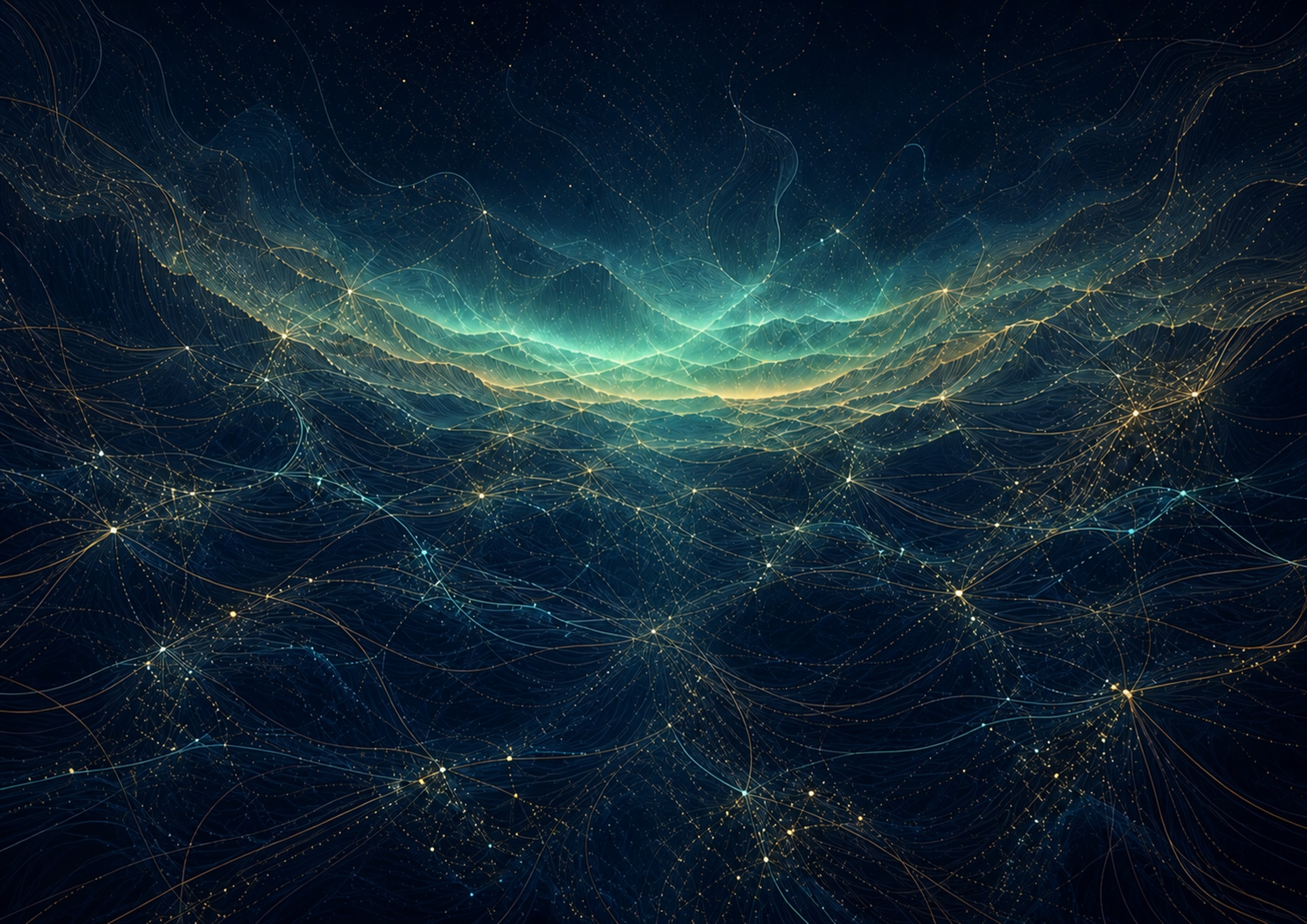 Blau-goldene Netzlandschaft mit leuchtenden Verdichtungen